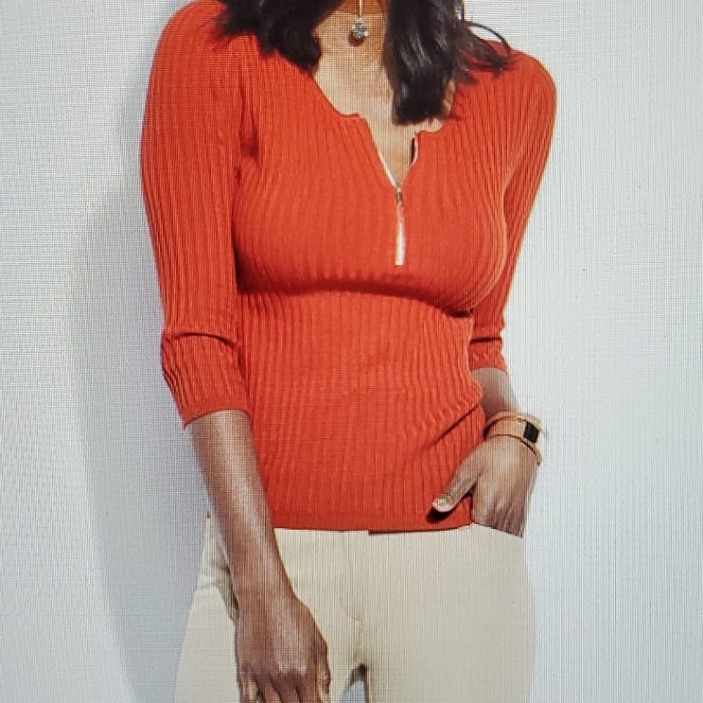 Women's Ribbed Zipper Sweater - Orange